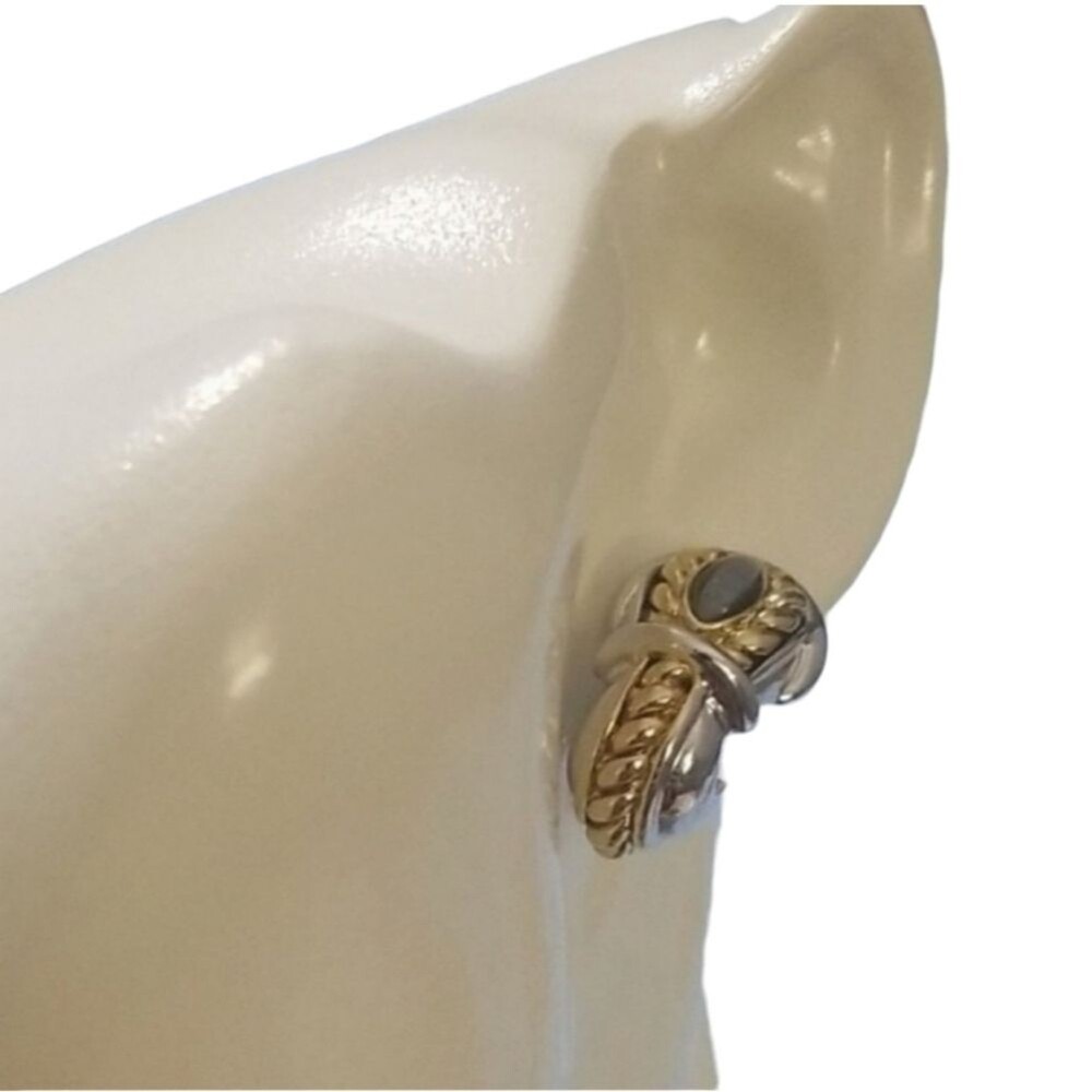 VINTAGE St. John Blue Cat Eye Buckle Clip-On Earrings Gold & Silver Tone